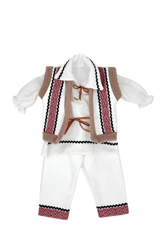 Costum Traditional Bebe, 4 piese, Alb/Rosu, 0-3 luni