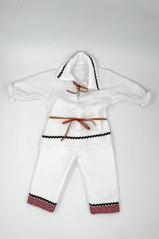 Costum Traditional Bebe, 4 piese, Alb/Rosu, 0-3 luni