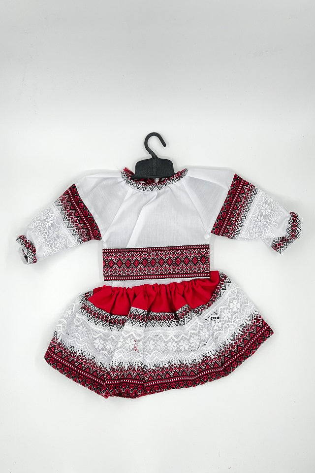 Costum traditional Fetita, 3 Piese, Alb/Rosu, 6-9 Luni