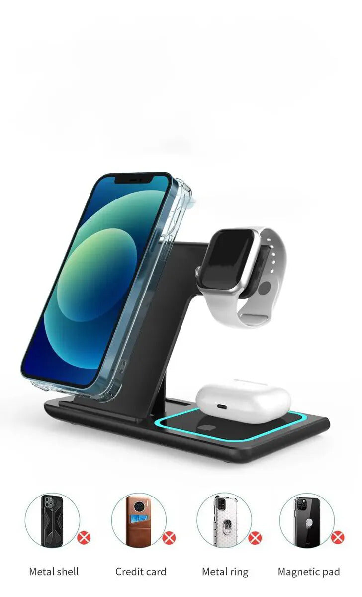 Dock de Încărcare Wireless 3 în 1 Fast Charger 15W, Compatibil Smartphone, Apple Watch si AirPods