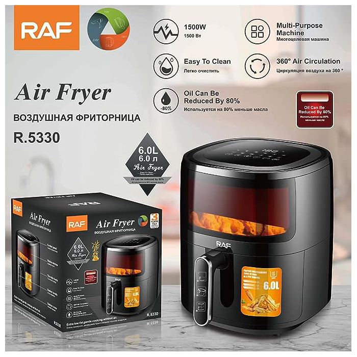 Friteuza Air Fryer cu aer cald RAF R.5330B, Fara ulei, 6 litri, Sticla transparenta, 9 Programe, Digital Touch Screen