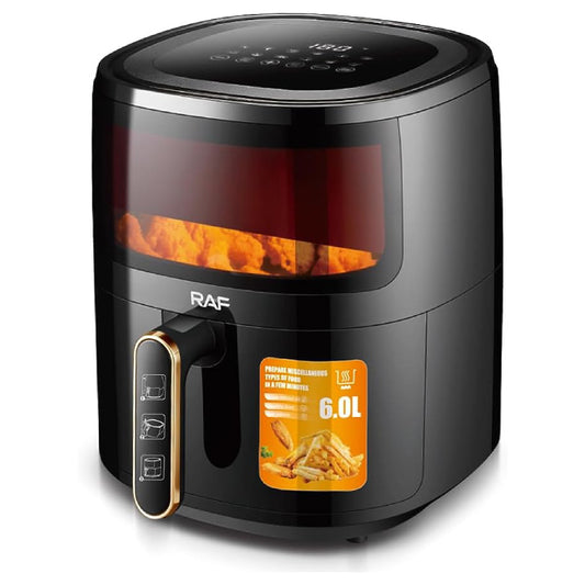 Friteuza Air Fryer cu aer cald RAF R.5330B, Fara ulei, 6 litri, Sticla transparenta, 9 Programe, Digital Touch Screen