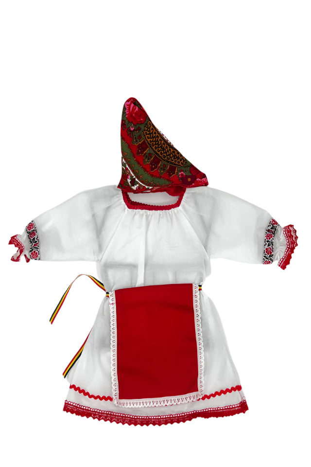 Costum Traditional Fetita, 4 piese, Alb/Rosu