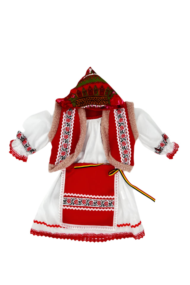 Costum Traditional Fetita, 4 piese, Alb/Rosu